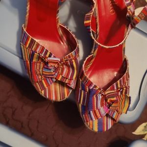 Rialto Size 9, red multi-color striped wedge sandals